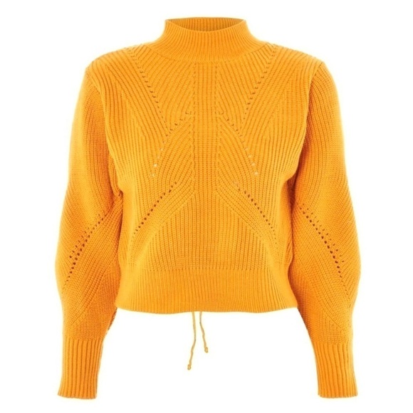 Topshop Mustard Yellow Marigold Lace-Up Back Sweater Boxy Balloon Sleeves Knit - Picture 4 of 7